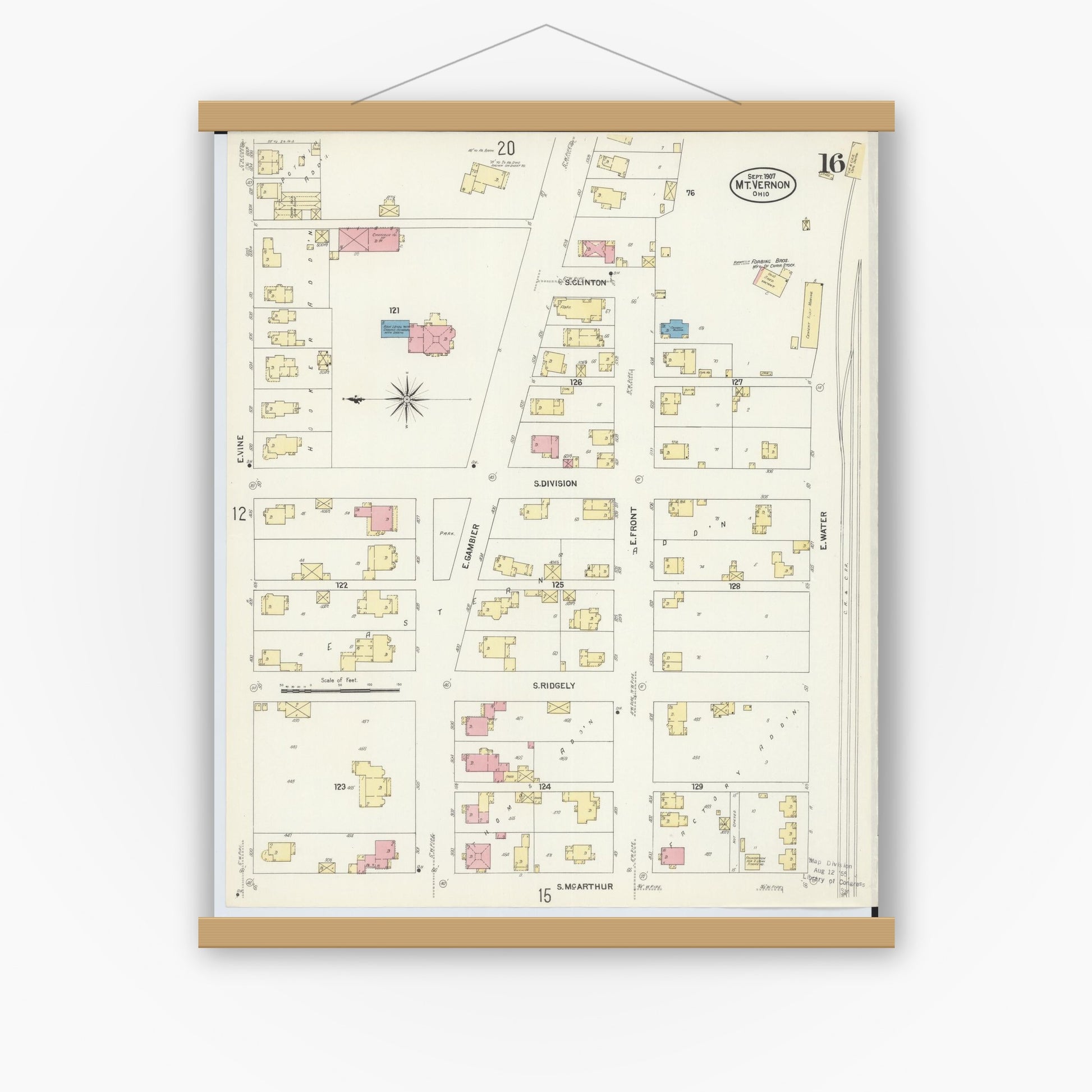 Old map wall art mockup — magnetic wood frame on white wall — Sanborn Fire Insurance Map from Mount Vernon, Knox County, Ohio (1907), Sheet #0016
