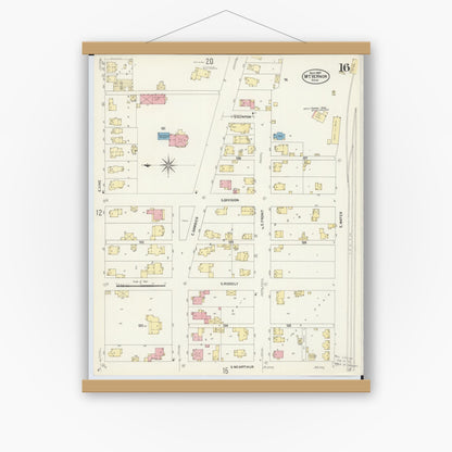 Old map wall art mockup — magnetic wood frame on white wall — Sanborn Fire Insurance Map from Mount Vernon, Knox County, Ohio (1907), Sheet #0016