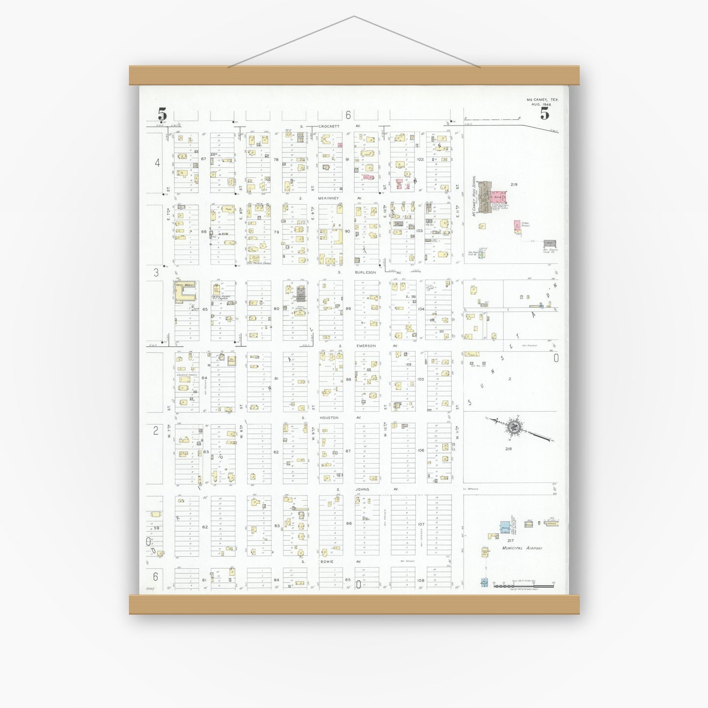 Old map wall art mockup — magnetic wood frame on white wall — Sanborn Fire Insurance Map from McCamey, Upton County, Texas (1946), Sheet #0005