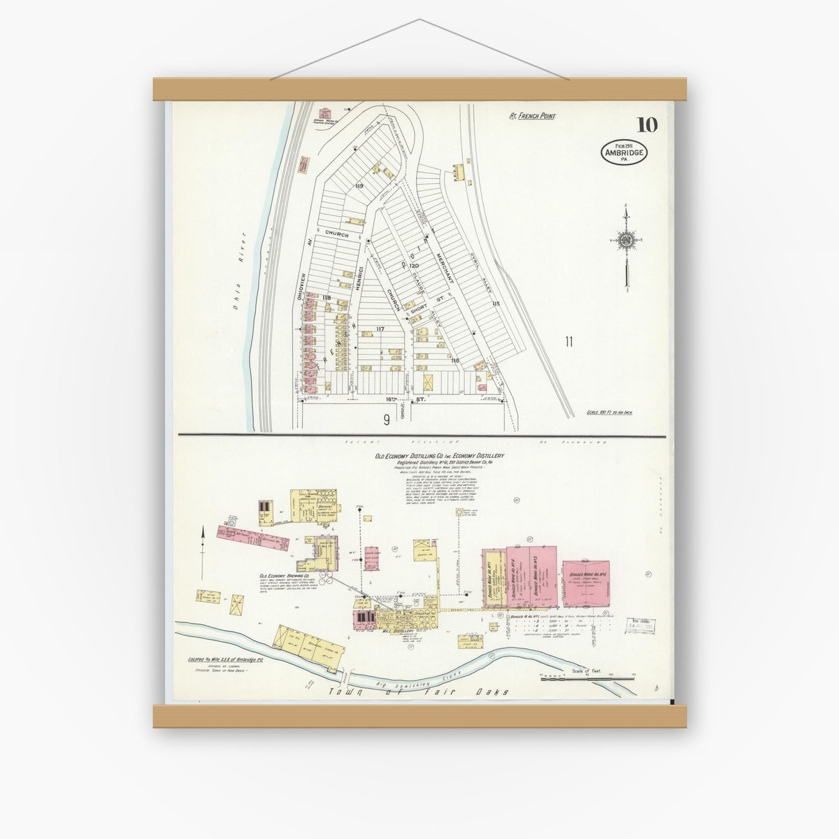 Old map wall art mockup — magnetic wood frame on white wall — Sanborn Fire Insurance Map from Ambridge, Beaver County, Pennsylvania (1911), Sheet #0010