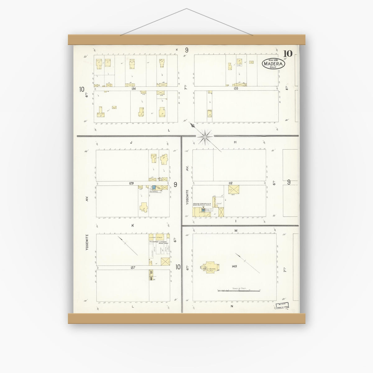 Old map wall art mockup — magnetic wood frame on white wall — Sanborn Fire Insurance Map from Madera, Madera County, California (1898), Sheet #0010