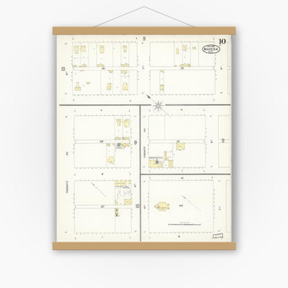 Old map wall art mockup — magnetic wood frame on white wall — Sanborn Fire Insurance Map from Madera, Madera County, California (1898), Sheet #0010