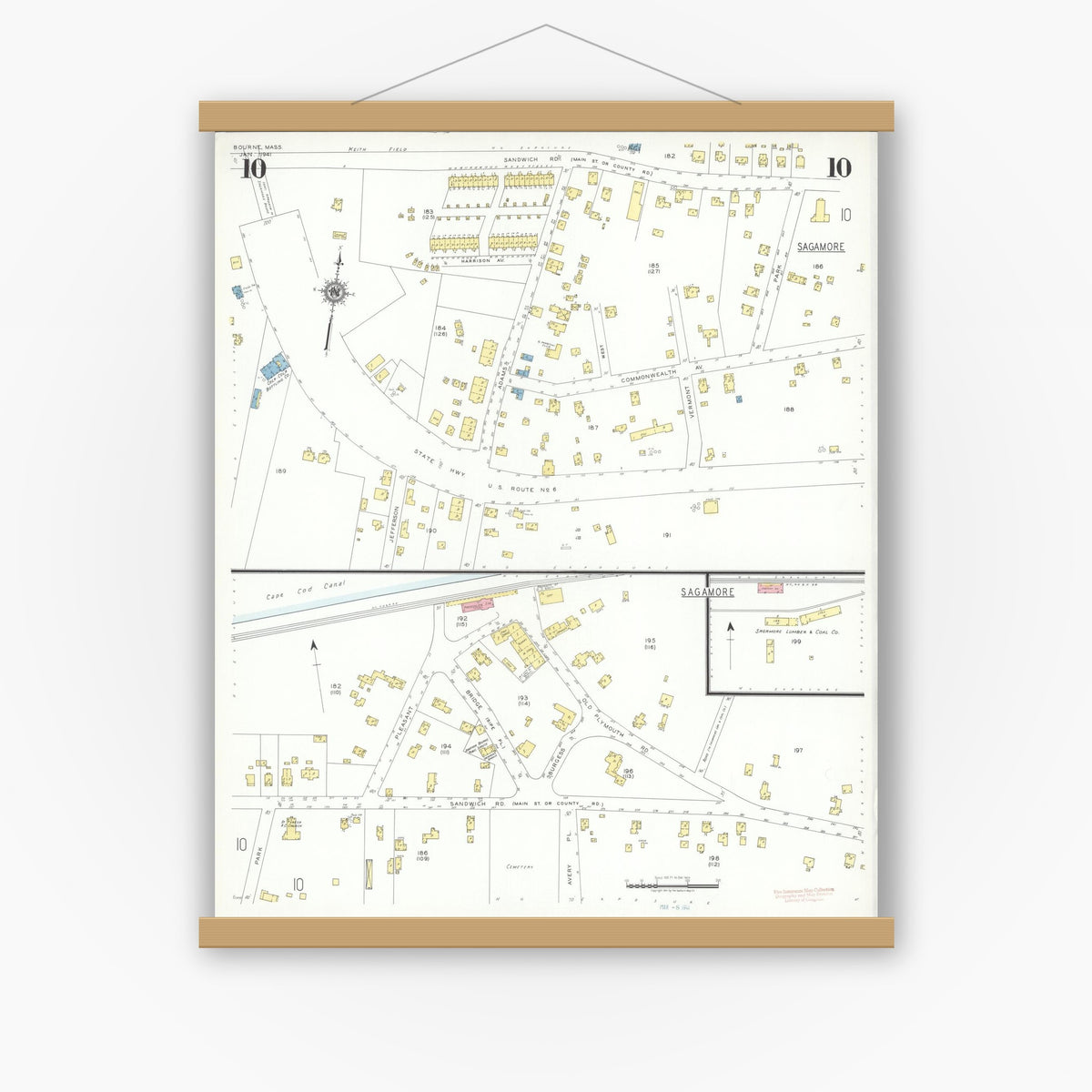 Old map wall art mockup — magnetic wood frame on white wall — Sanborn Fire Insurance Map from Bourne, Barnstable County, Massachusetts (1941), Sheet #0010