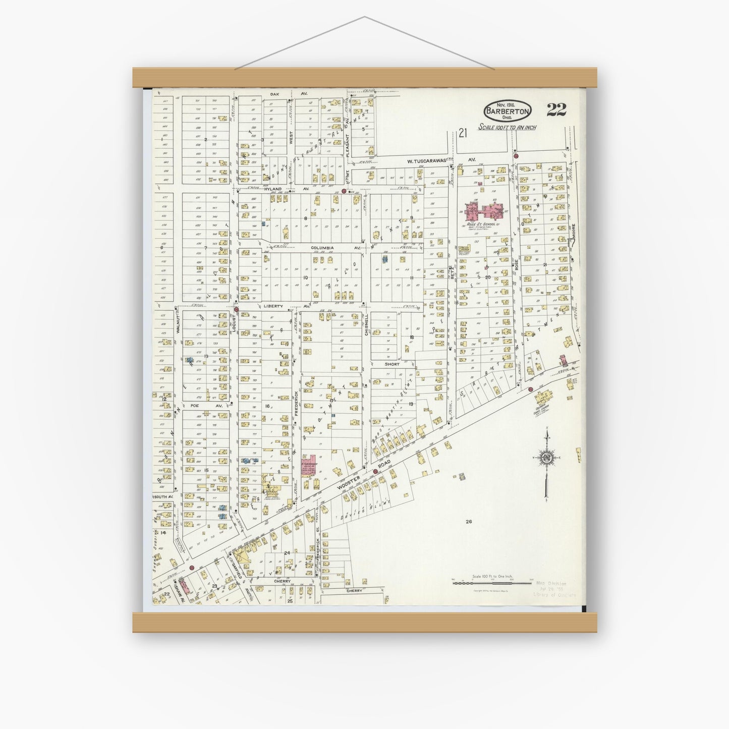 Old map wall art mockup — magnetic wood frame on white wall — Sanborn Fire Insurance Map from Barberton, Summit County, Ohio (1916), Sheet #0022