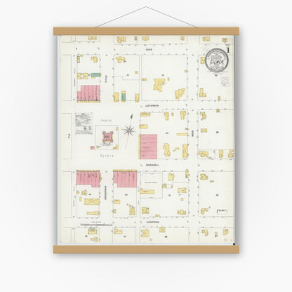 Old map wall art mockup — magnetic wood frame on white wall — Sanborn Fire Insurance Map from Gilmer, Upshur County, Texas (1902) - Complete Map Set