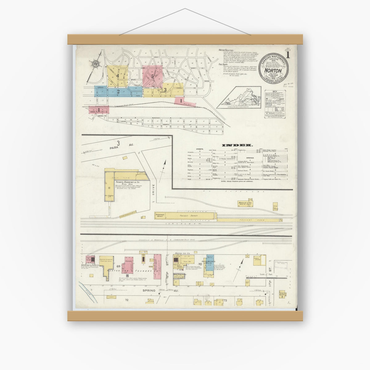 Old map wall art mockup — magnetic wood frame on white wall — Sanborn Fire Insurance Map from Norton, Independent Cities, Virginia (1913), Sheet #0001