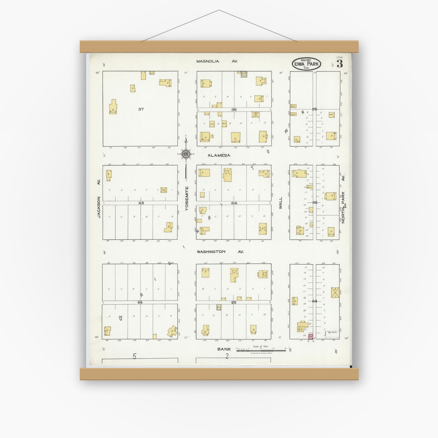 Old map wall art mockup — magnetic wood frame on white wall — Sanborn Fire Insurance Map from Iowa Park, Wichita County, Texas (1921), Sheet #0003