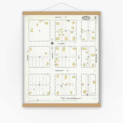 Old map wall art mockup — magnetic wood frame on white wall — Sanborn Fire Insurance Map from Iowa Park, Wichita County, Texas (1921), Sheet #0003