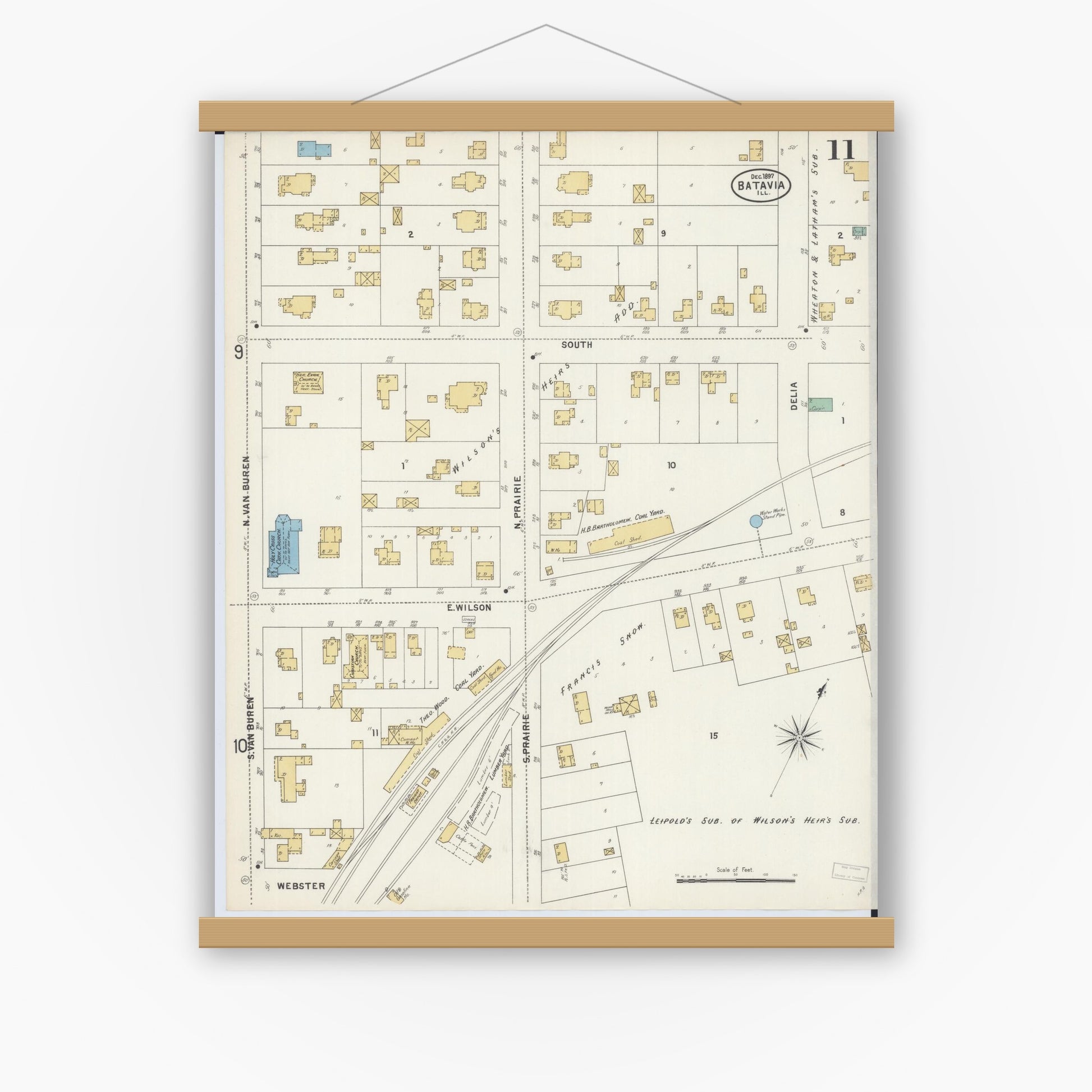 Old map wall art mockup — magnetic wood frame on white wall — Sanborn Fire Insurance Map from Batavia, Kane County, Illinois (1897), Sheet #0011