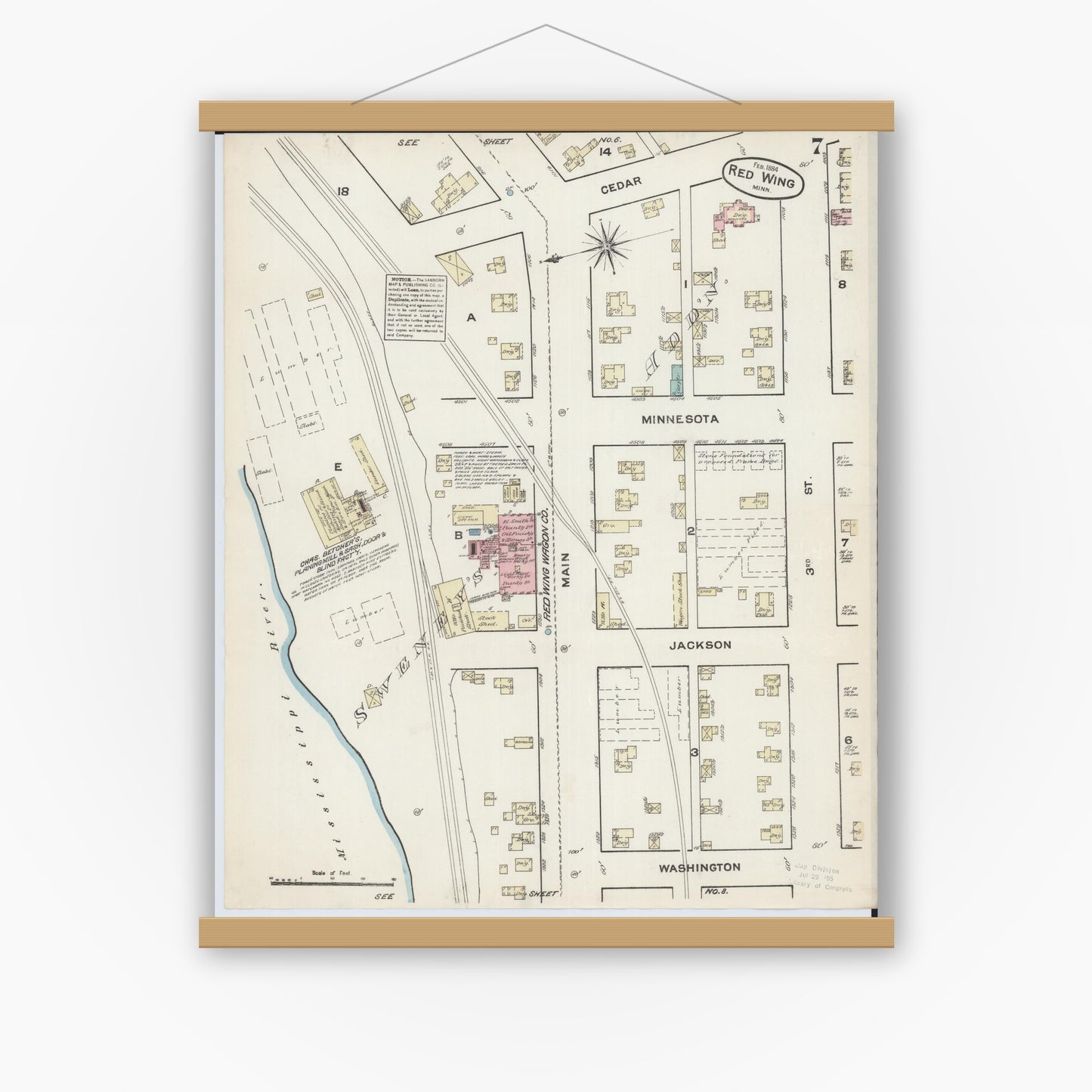 Old map wall art mockup — magnetic wood frame on white wall — Sanborn Fire Insurance Map from Red Wing, Goodhue County, Minnesota (1884), Sheet #0007