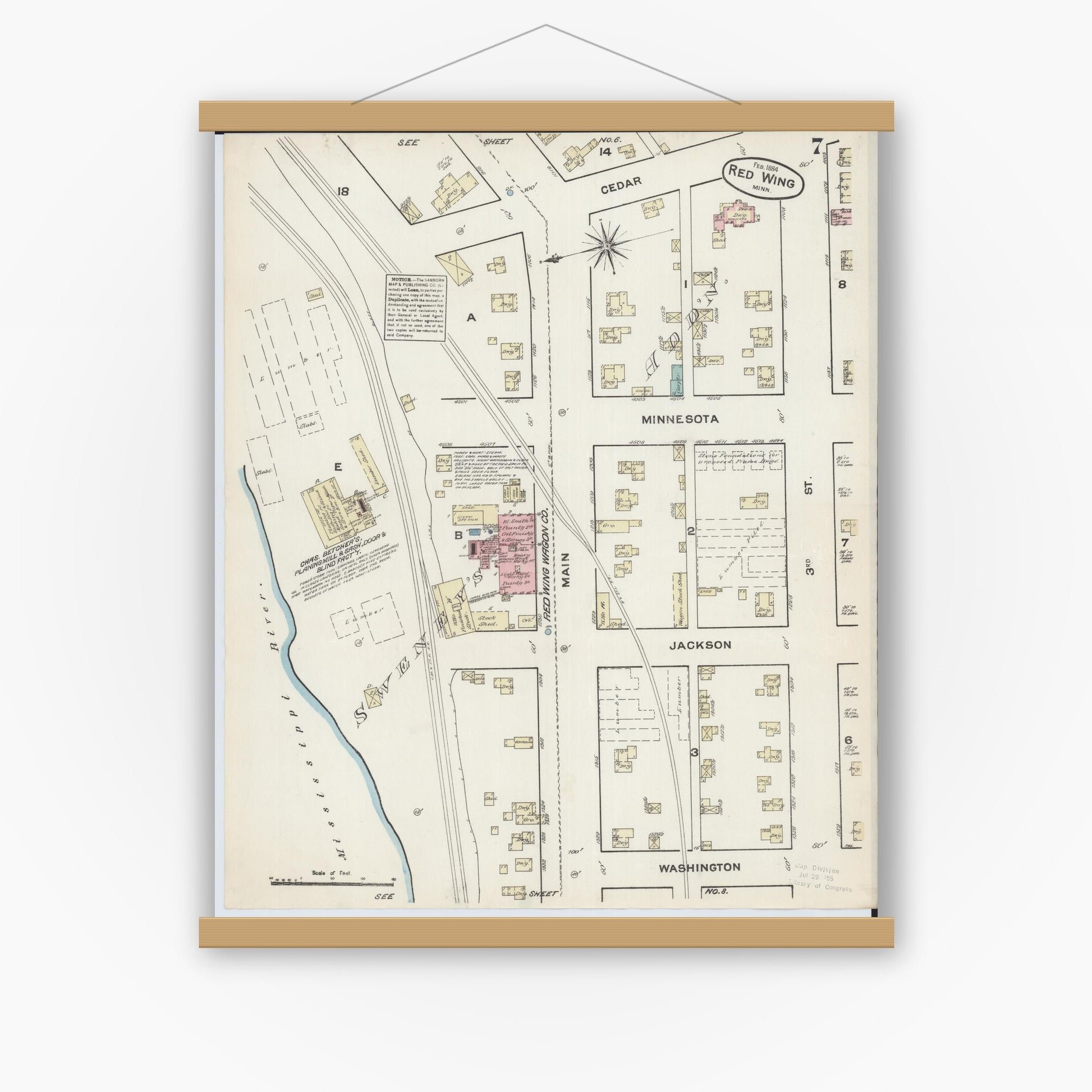 Old map wall art mockup — magnetic wood frame on white wall — Sanborn Fire Insurance Map from Red Wing, Goodhue County, Minnesota (1884), Sheet #0007
