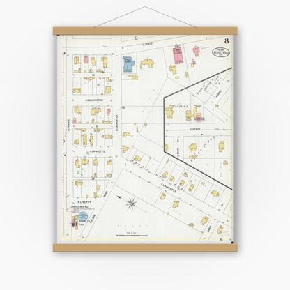 Old map wall art mockup — magnetic wood frame on white wall — Sanborn Fire Insurance Map from Jerseyville, Jersey County, Illinois (1900), Sheet #0008