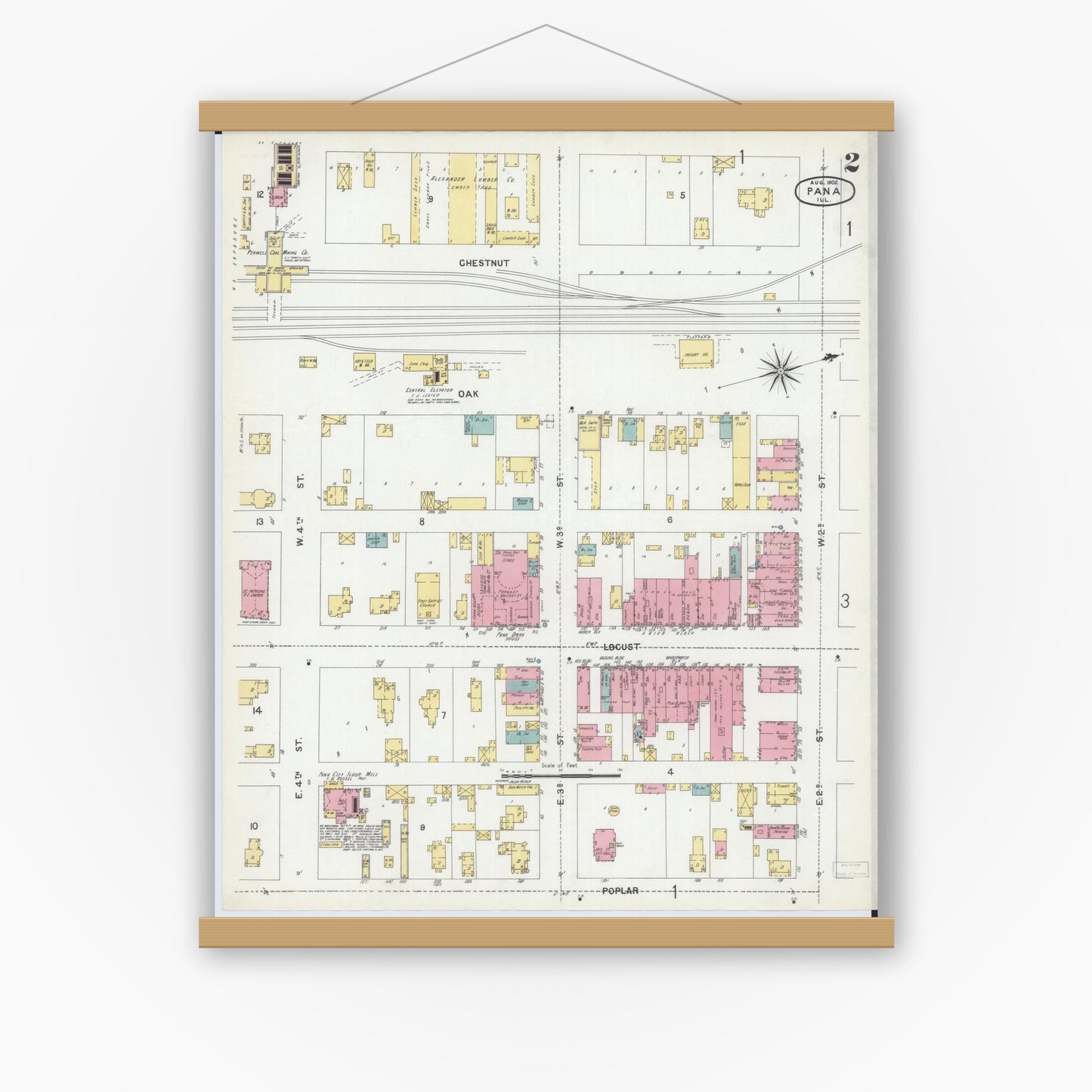 Old map wall art mockup — magnetic wood frame on white wall — Sanborn Fire Insurance Map from Pana, Christian County, Illinois (1902), Sheet #0002