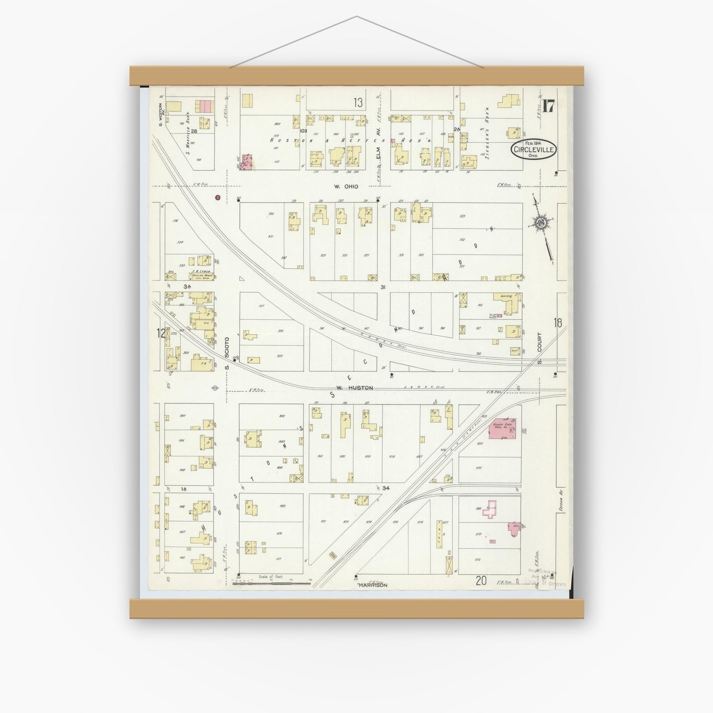 Old map wall art mockup — magnetic wood frame on white wall — Sanborn Fire Insurance Map from Circleville, Pickaway County, Ohio (1914), Sheet #0017