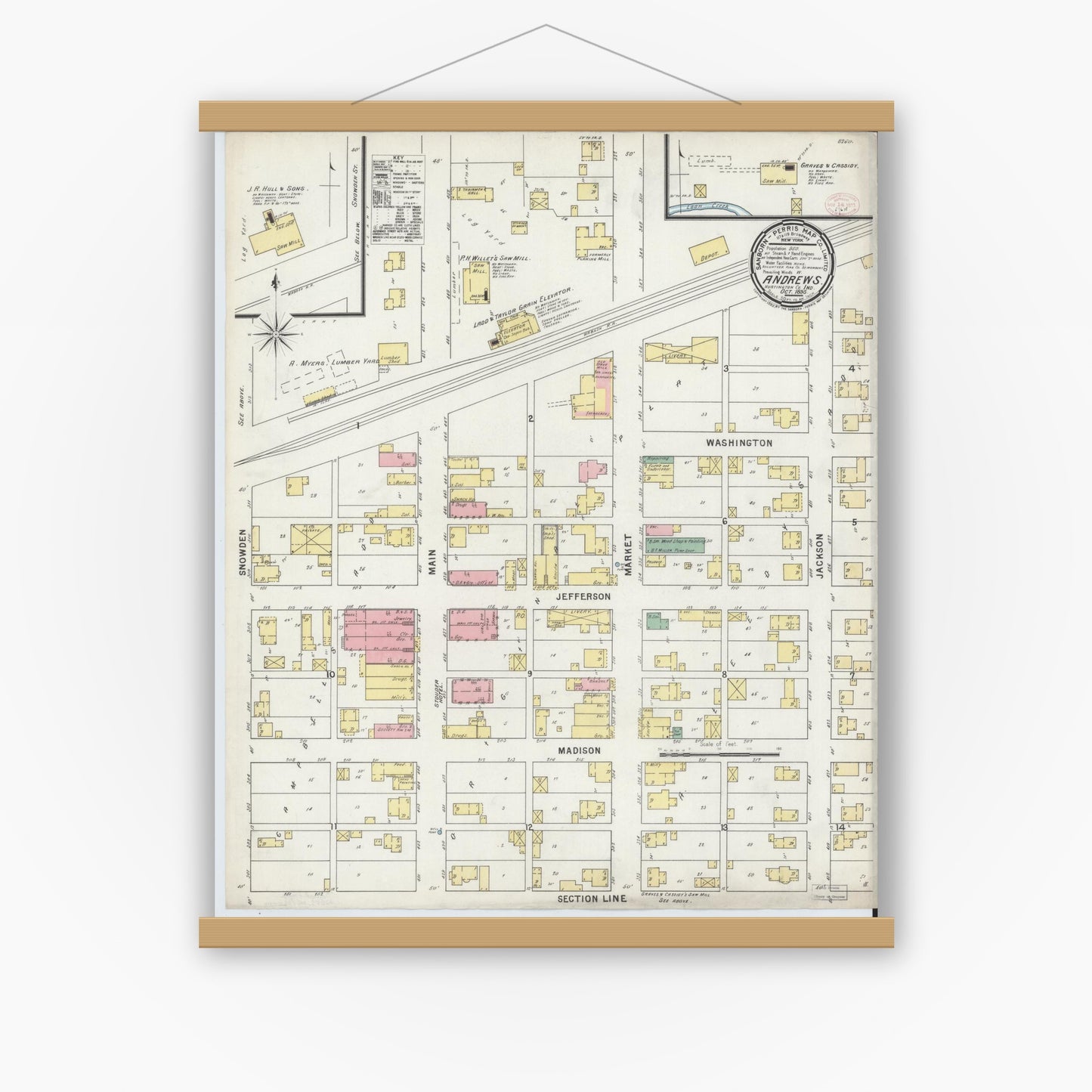Old map wall art mockup — magnetic wood frame on white wall — Sanborn Fire Insurance Map from Andrews, Huntington County, Indiana (1895), Sheet #0001