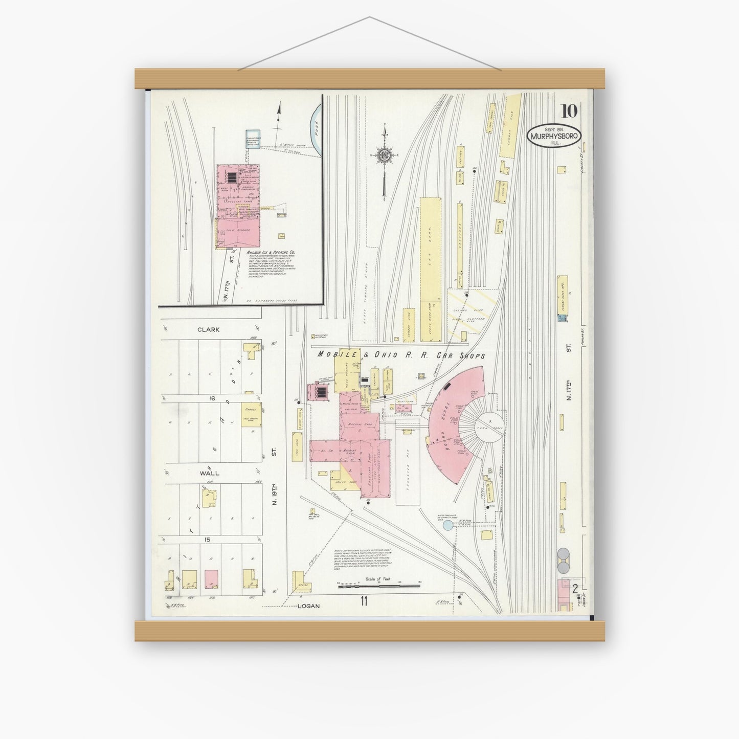 Old map wall art mockup — magnetic wood frame on white wall — Sanborn Fire Insurance Map from Murphysboro, Jackson County, Illinois (1914), Sheet #0010