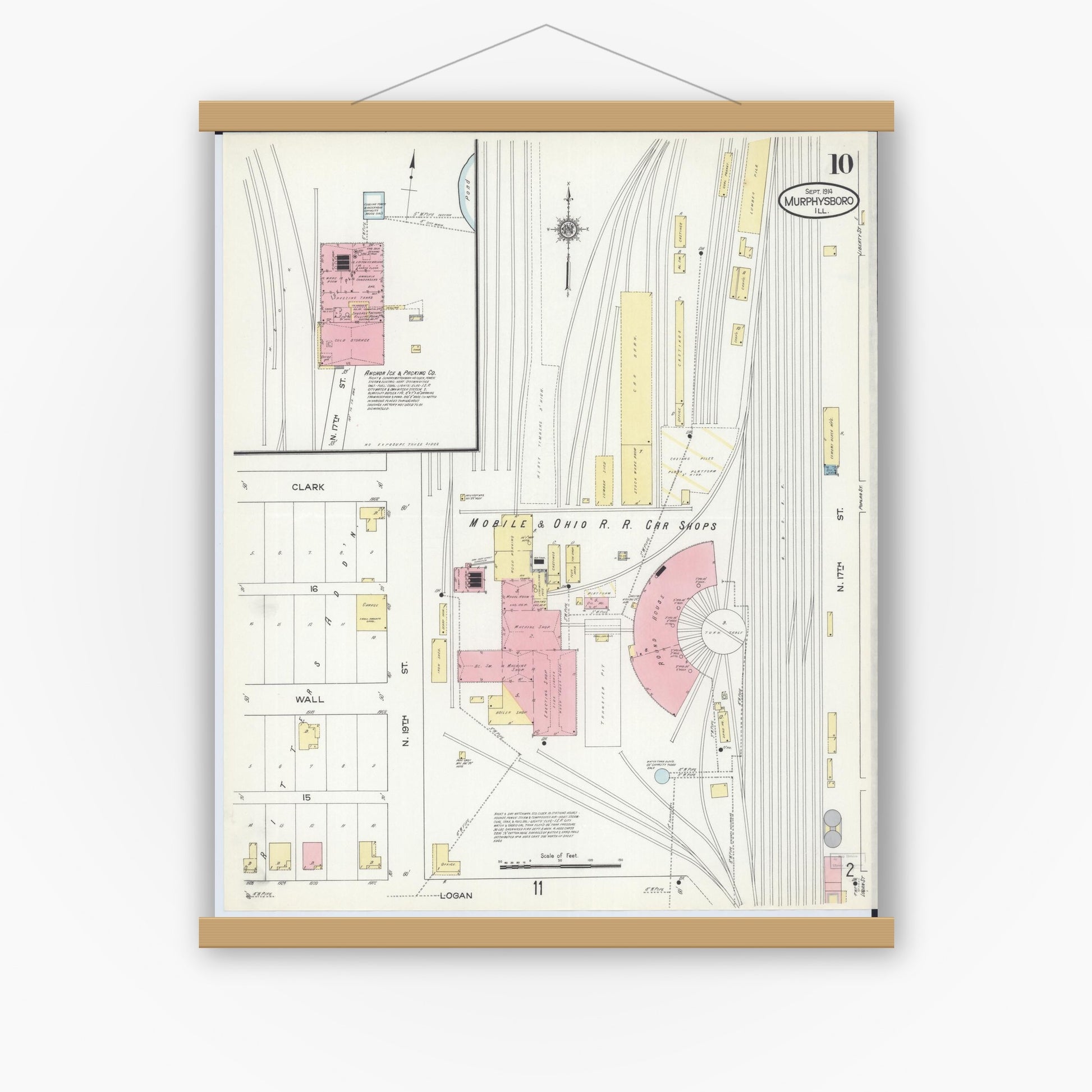 Old map wall art mockup — magnetic wood frame on white wall — Sanborn Fire Insurance Map from Murphysboro, Jackson County, Illinois (1914), Sheet #0010