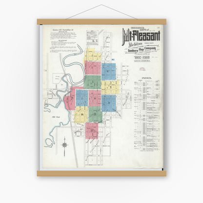 Old map wall art mockup — magnetic wood frame on white wall — Sanborn Fire Insurance Map from Mount Pleasant, Isabella County, Michigan (1910) - Complete Map Set
