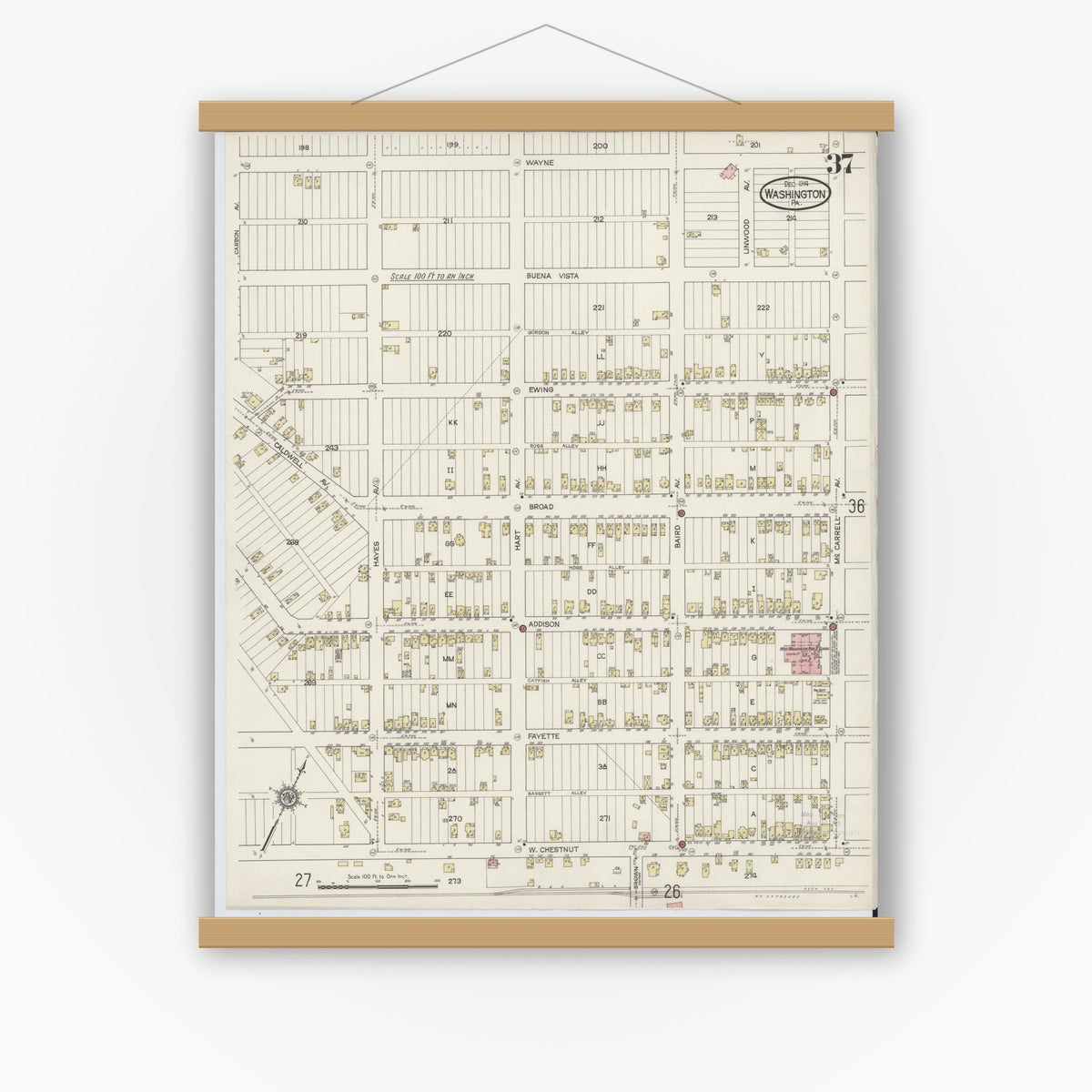 Old map wall art mockup — magnetic wood frame on white wall — Sanborn Fire Insurance Map from Washington, Washington County, Pennsylvania (1914), Sheet #0037