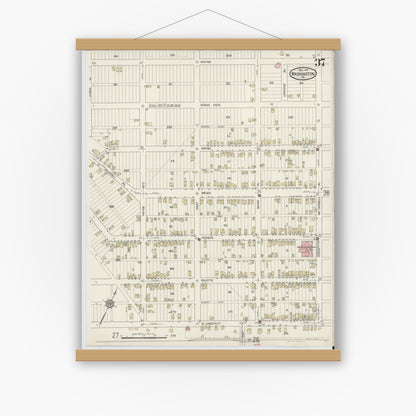 Old map wall art mockup — magnetic wood frame on white wall — Sanborn Fire Insurance Map from Washington, Washington County, Pennsylvania (1914), Sheet #0037