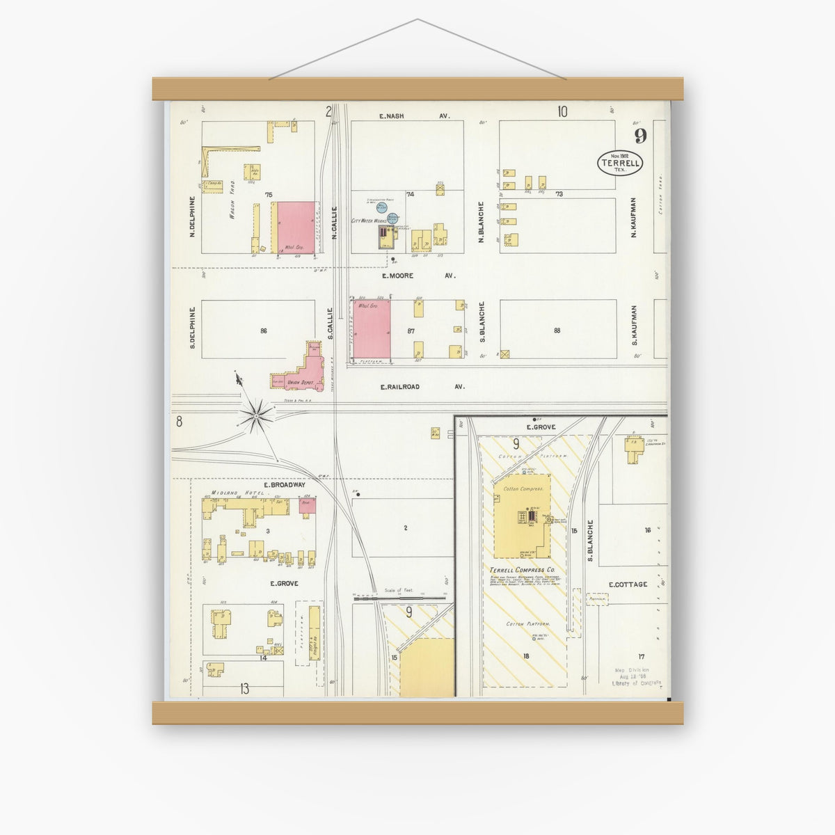 Old map wall art mockup — magnetic wood frame on white wall — Sanborn Fire Insurance Map from Terrell, Kaufman County, Texas (1902), Sheet #0009