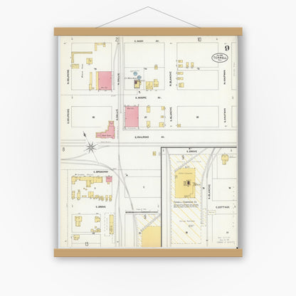 Old map wall art mockup — magnetic wood frame on white wall — Sanborn Fire Insurance Map from Terrell, Kaufman County, Texas (1902), Sheet #0009