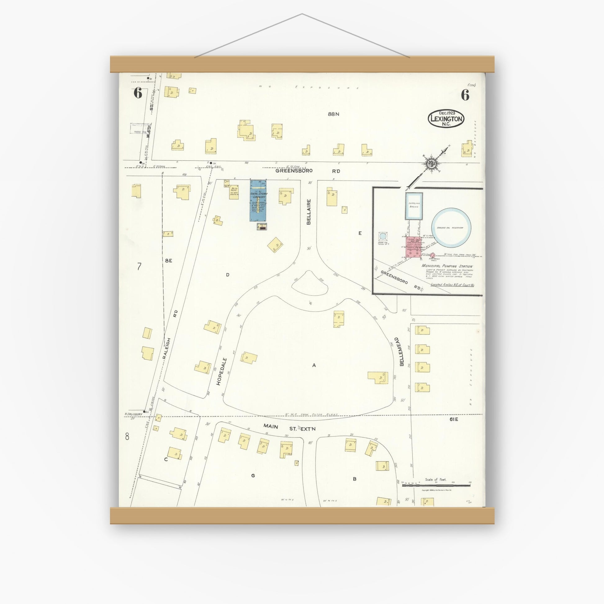 Old map wall art mockup — magnetic wood frame on white wall — Sanborn Fire Insurance Map from Lexington, Davidson County, North Carolina (1923), Sheet #0006