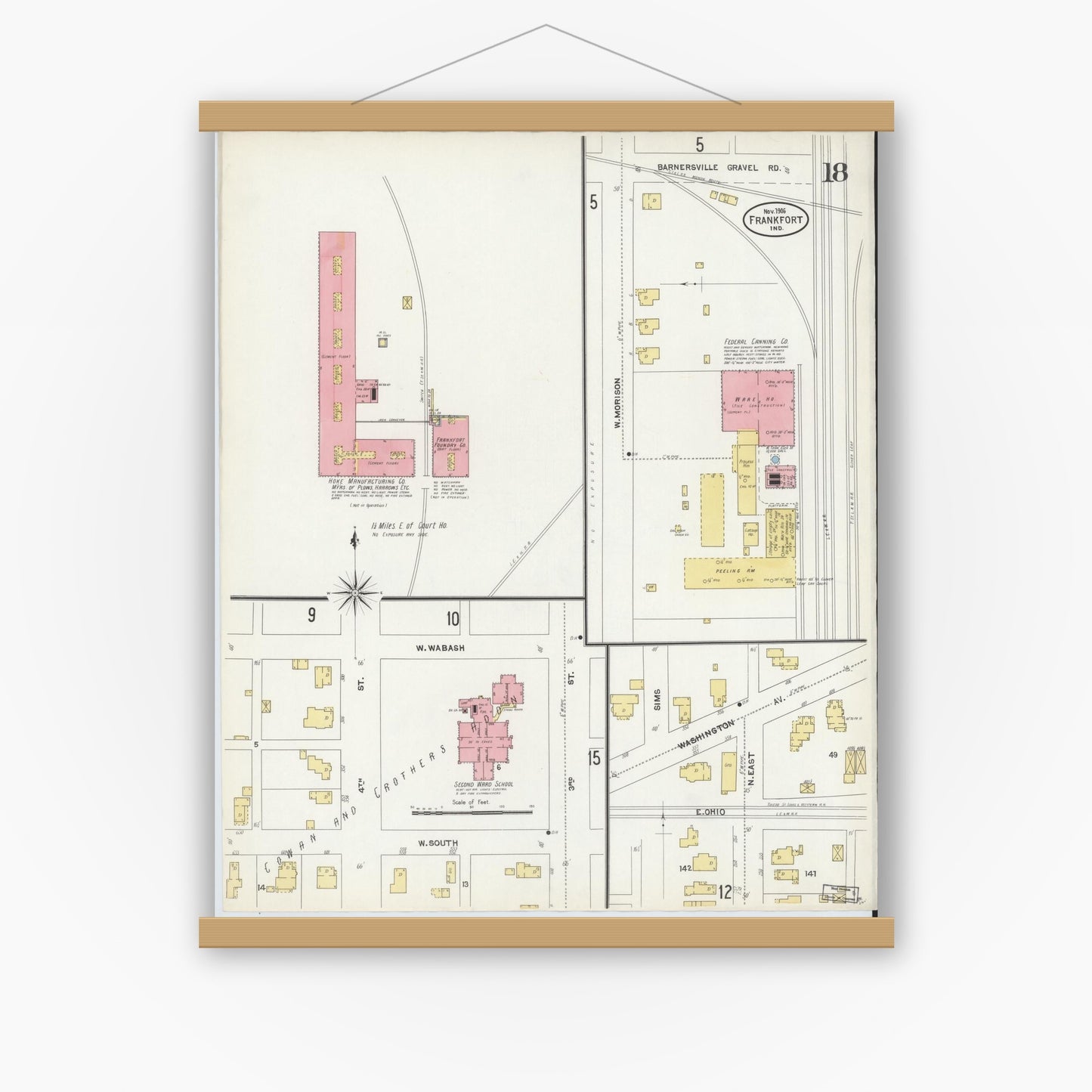 Old map wall art mockup — magnetic wood frame on white wall — Sanborn Fire Insurance Map from Frankfort, Clinton County, Indiana (1906), Sheet #0018