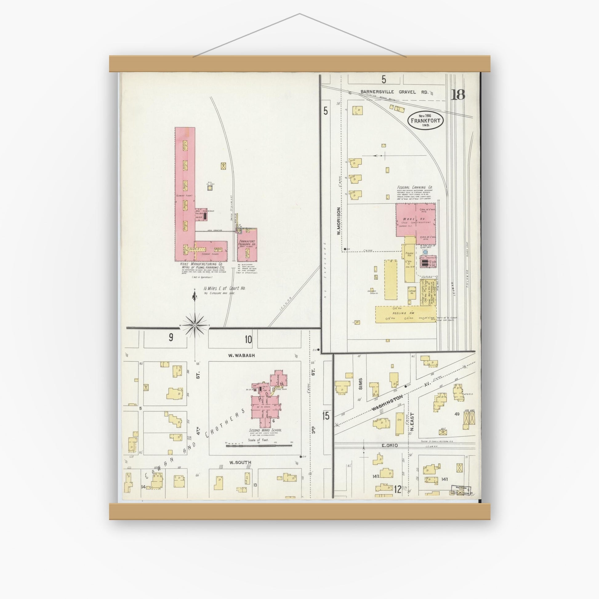 Old map wall art mockup — magnetic wood frame on white wall — Sanborn Fire Insurance Map from Frankfort, Clinton County, Indiana (1906), Sheet #0018