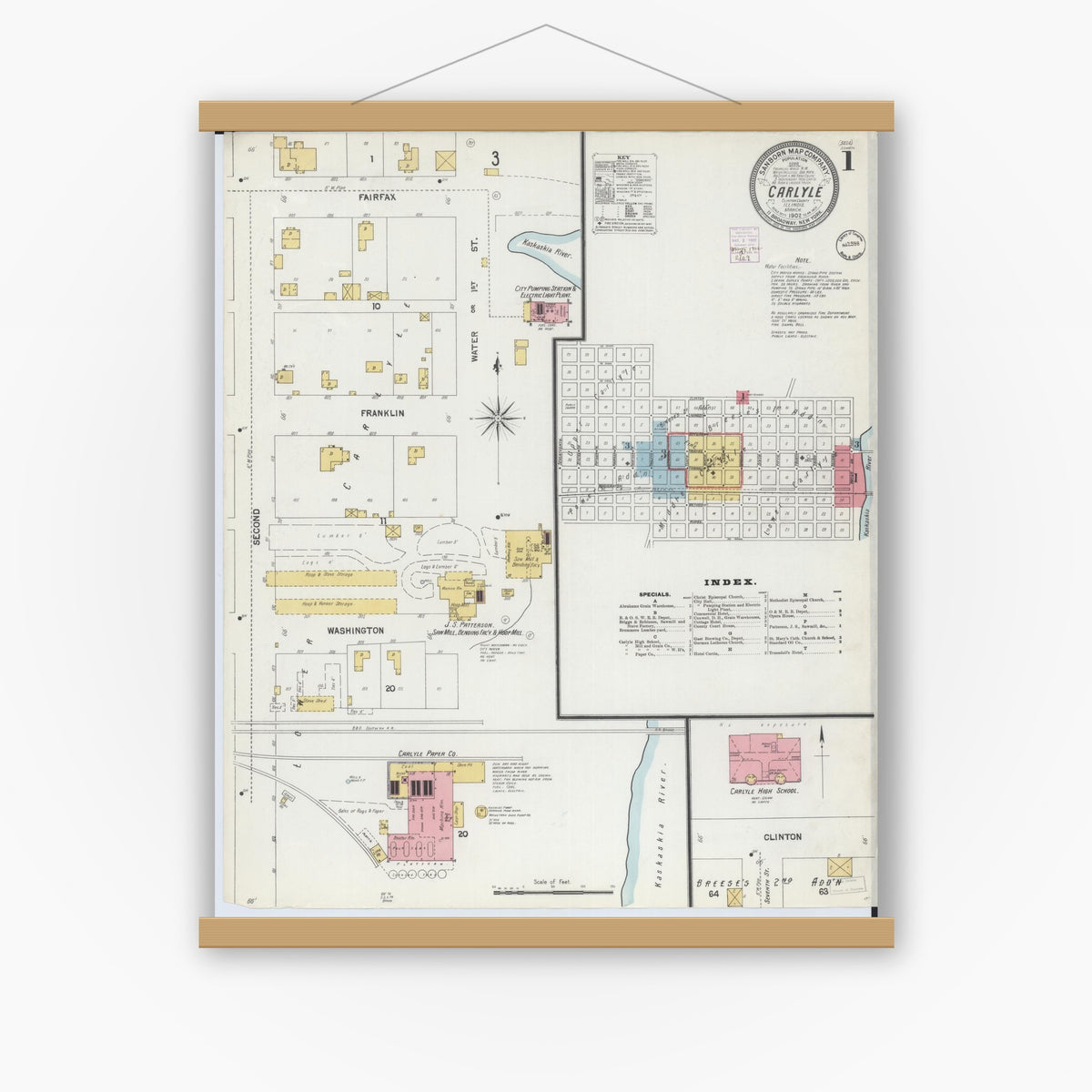 Old map wall art mockup — magnetic wood frame on white wall — Sanborn Fire Insurance Map from Carlyle, Clinton County, Illinois (1902) - Complete Map Set
