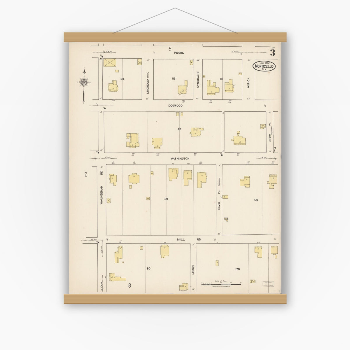Old map wall art mockup — magnetic wood frame on white wall — Sanborn Fire Insurance Map from Monticello, Jefferson County, Florida (1922), Sheet #0003