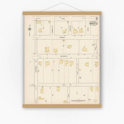 Old map wall art mockup — magnetic wood frame on white wall — Sanborn Fire Insurance Map from Monticello, Jefferson County, Florida (1922), Sheet #0003