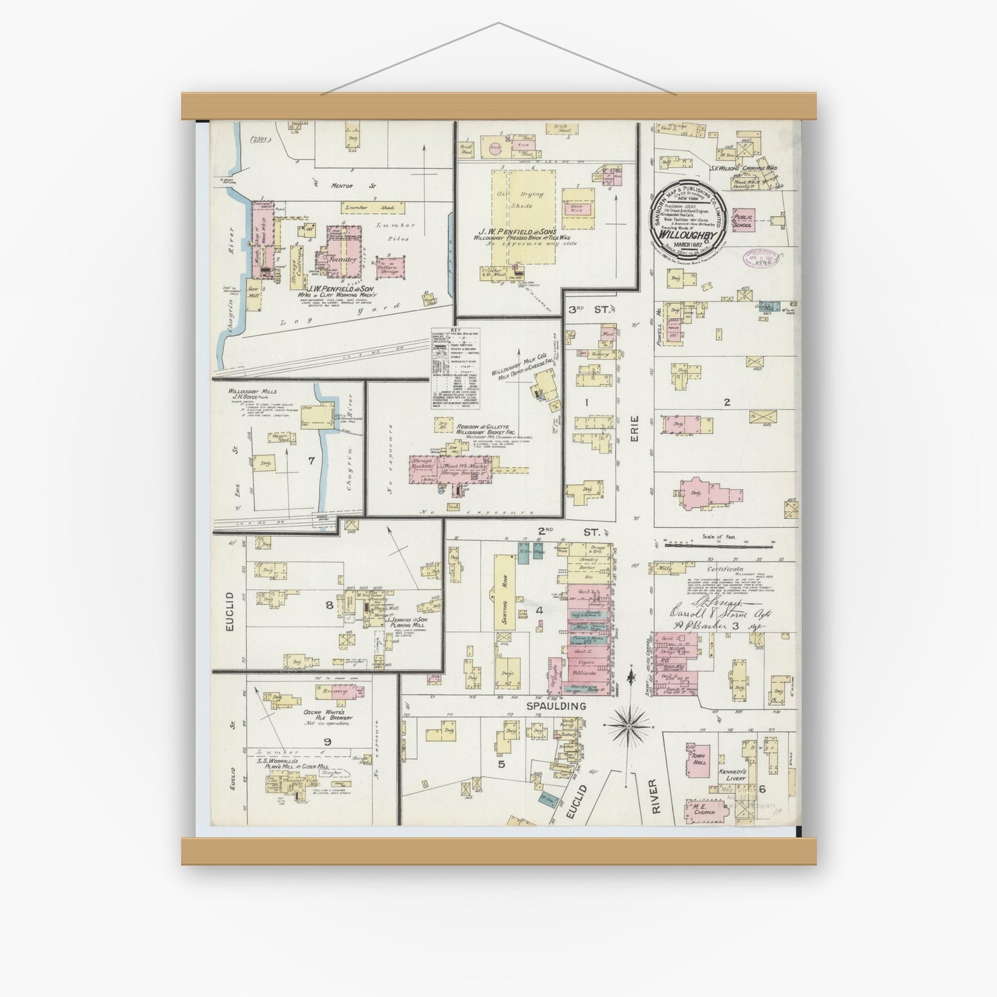 Old map wall art mockup — magnetic wood frame on white wall — Sanborn Fire Insurance Map from Willoughby, Lake County, Ohio (1887), Sheet #0001
