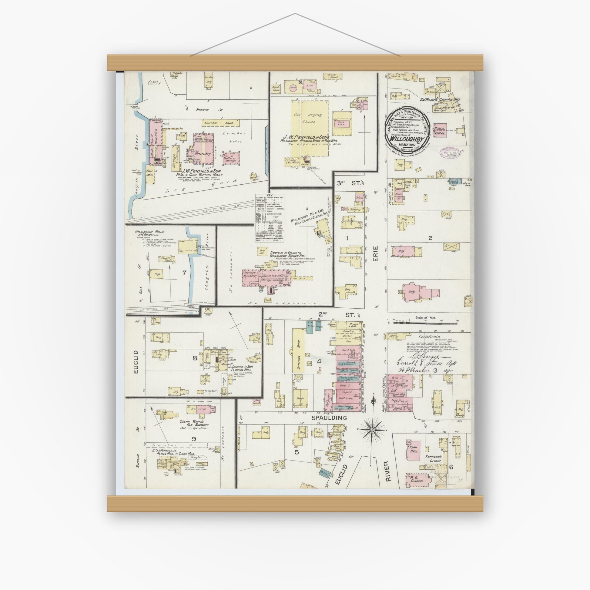 Old map wall art mockup — magnetic wood frame on white wall — Sanborn Fire Insurance Map from Willoughby, Lake County, Ohio (1887), Sheet #0001