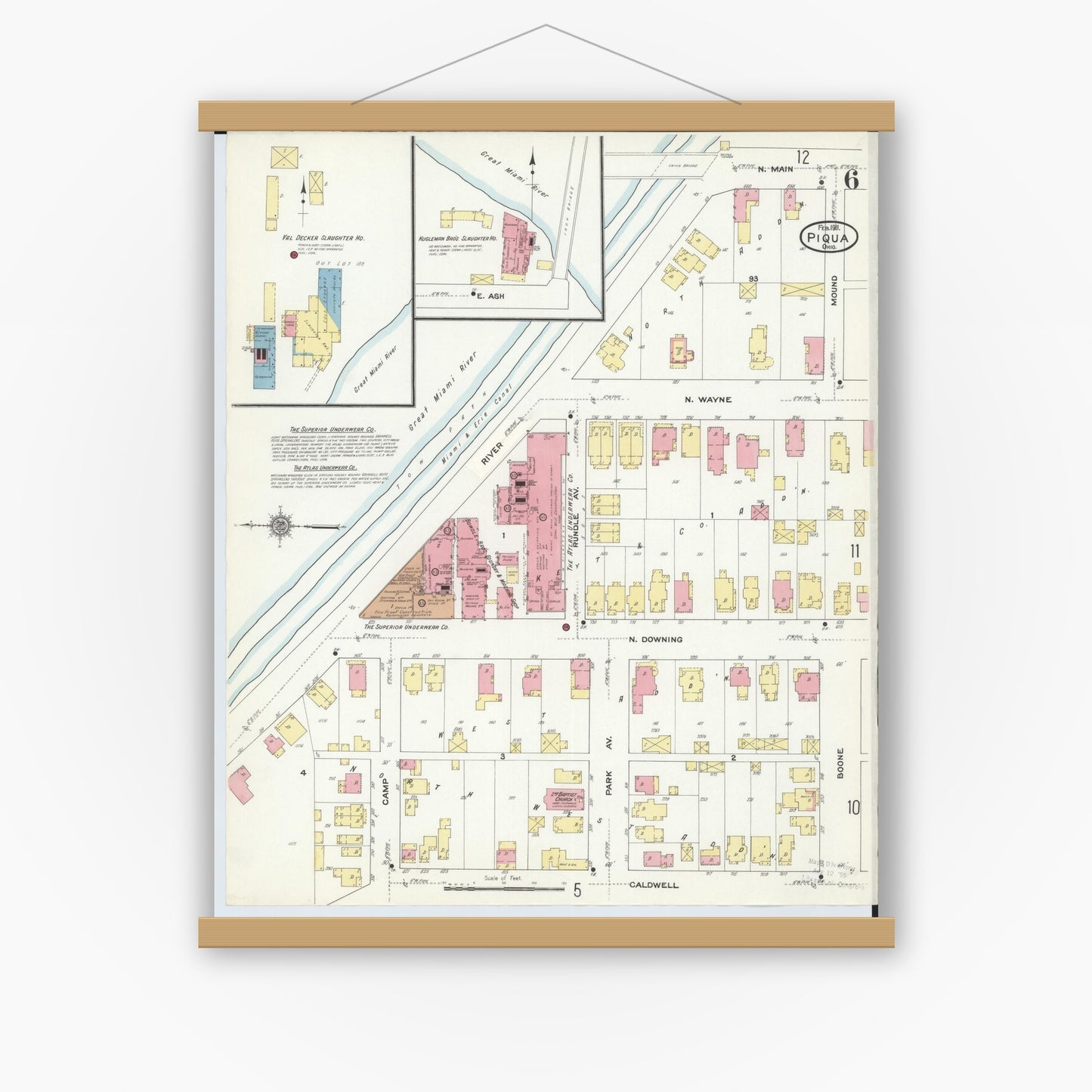 Old map wall art mockup — magnetic wood frame on white wall — Sanborn Fire Insurance Map from Piqua, Miami County, Ohio (1911), Sheet #0006