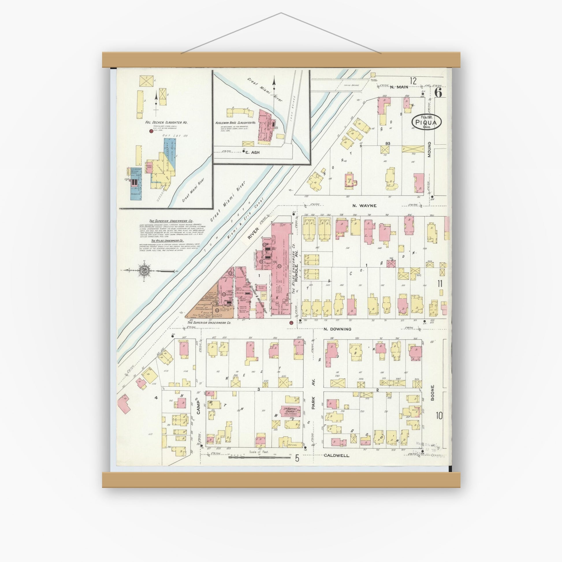 Old map wall art mockup — magnetic wood frame on white wall — Sanborn Fire Insurance Map from Piqua, Miami County, Ohio (1911), Sheet #0006