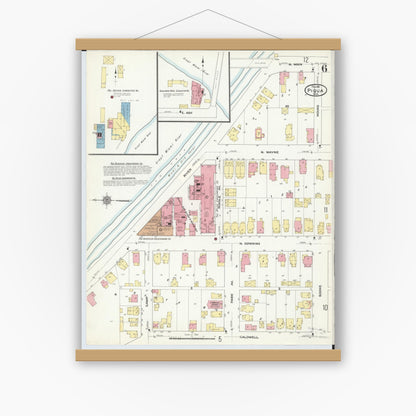 Old map wall art mockup — magnetic wood frame on white wall — Sanborn Fire Insurance Map from Piqua, Miami County, Ohio (1911), Sheet #0006