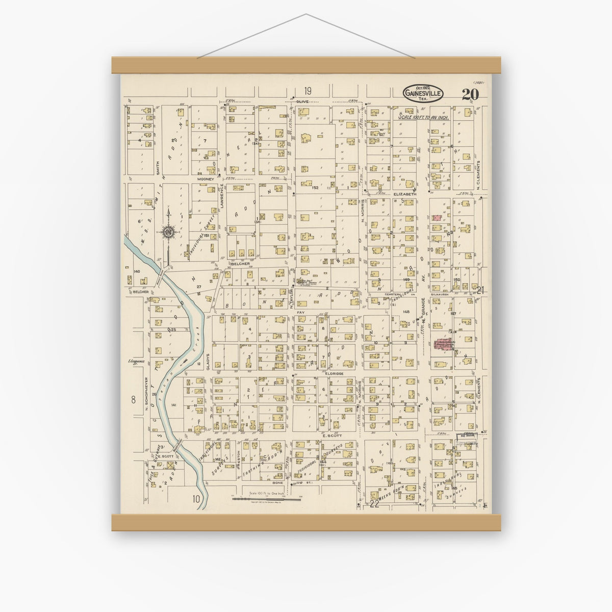 Old map wall art mockup — magnetic wood frame on white wall — Sanborn Fire Insurance Map from Gainesville, Cooke County, Texas (1922), Sheet #0020