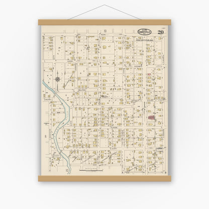 Old map wall art mockup — magnetic wood frame on white wall — Sanborn Fire Insurance Map from Gainesville, Cooke County, Texas (1922), Sheet #0020