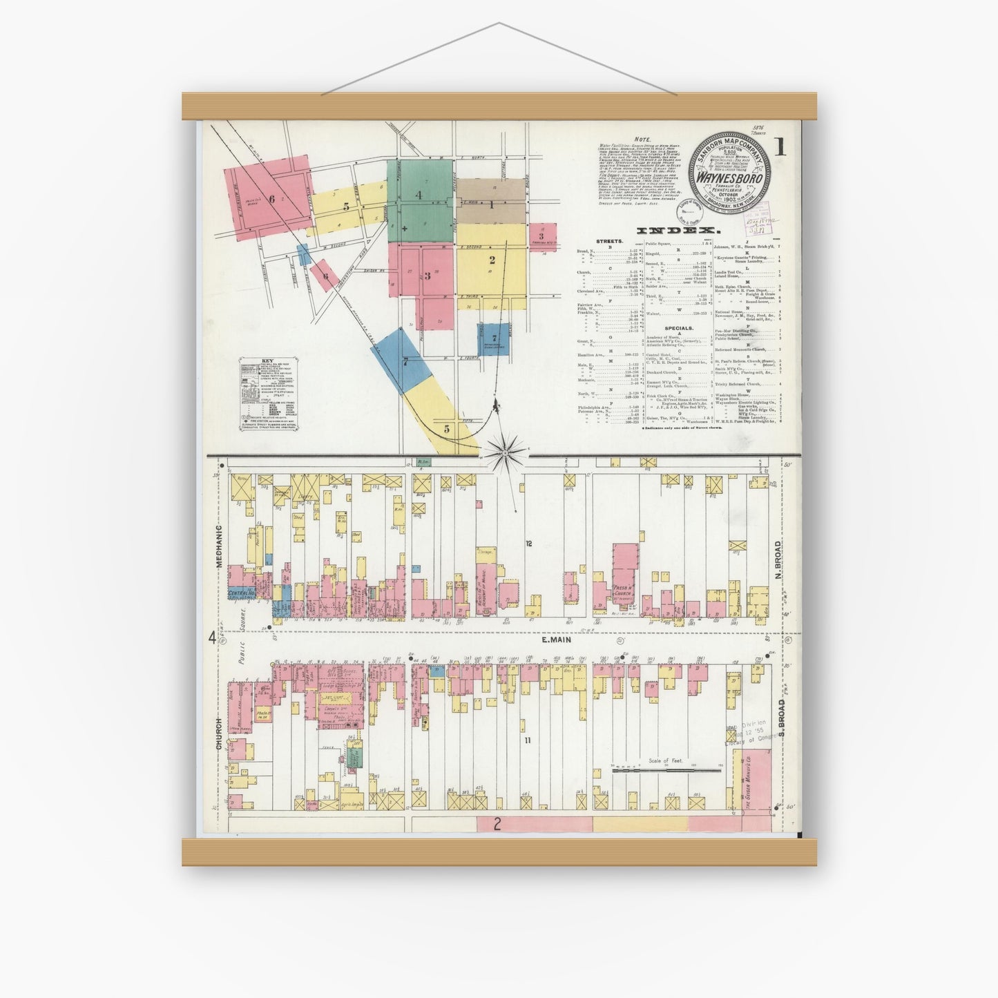 Old map wall art mockup — magnetic wood frame on white wall — Sanborn Fire Insurance Map from Waynesboro, Franklin County, Pennsylvania (1902) - Complete Map Set