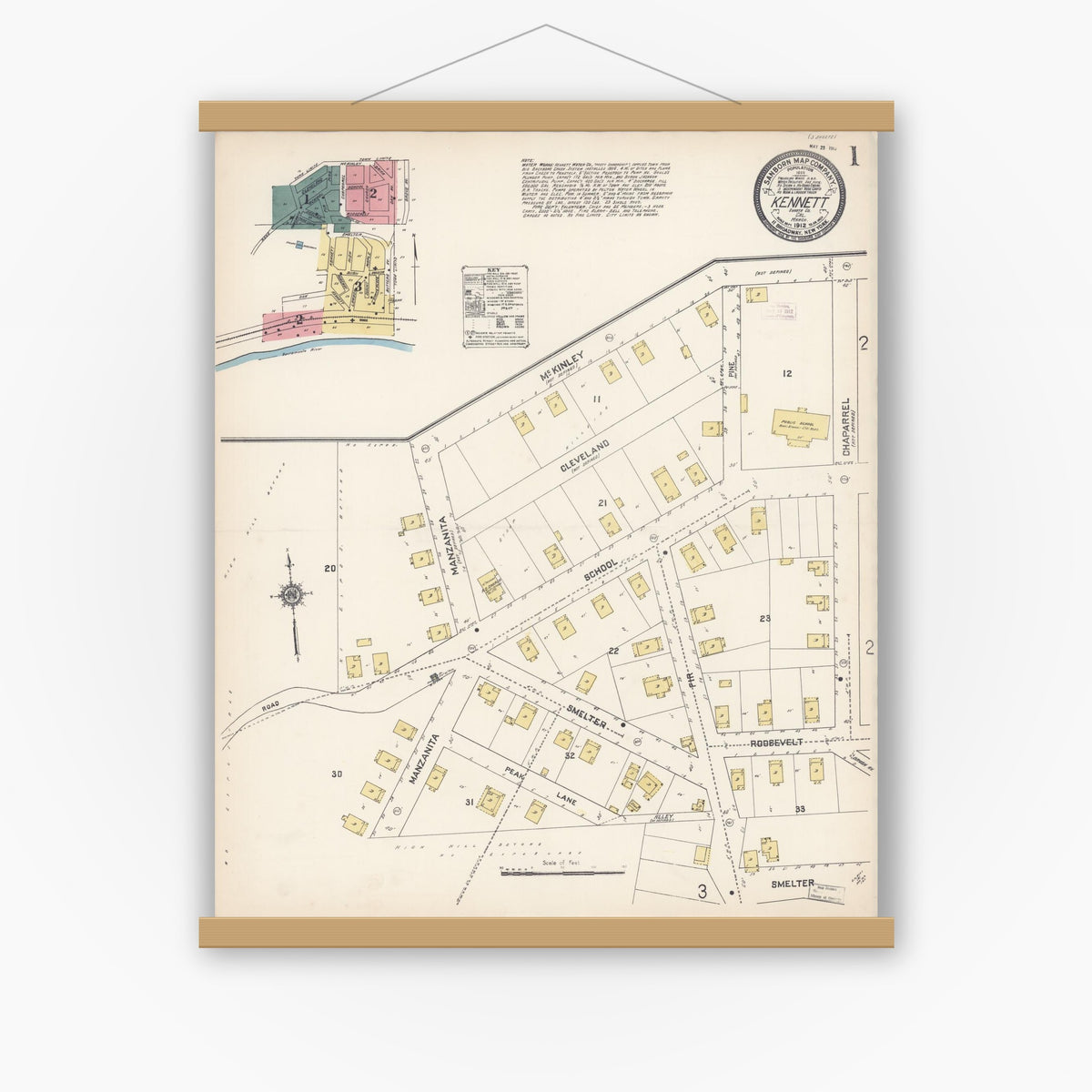 Old map wall art mockup — magnetic wood frame on white wall — Sanborn Fire Insurance Map from Kennett, Shasta County, California (1912) - Complete Map Set