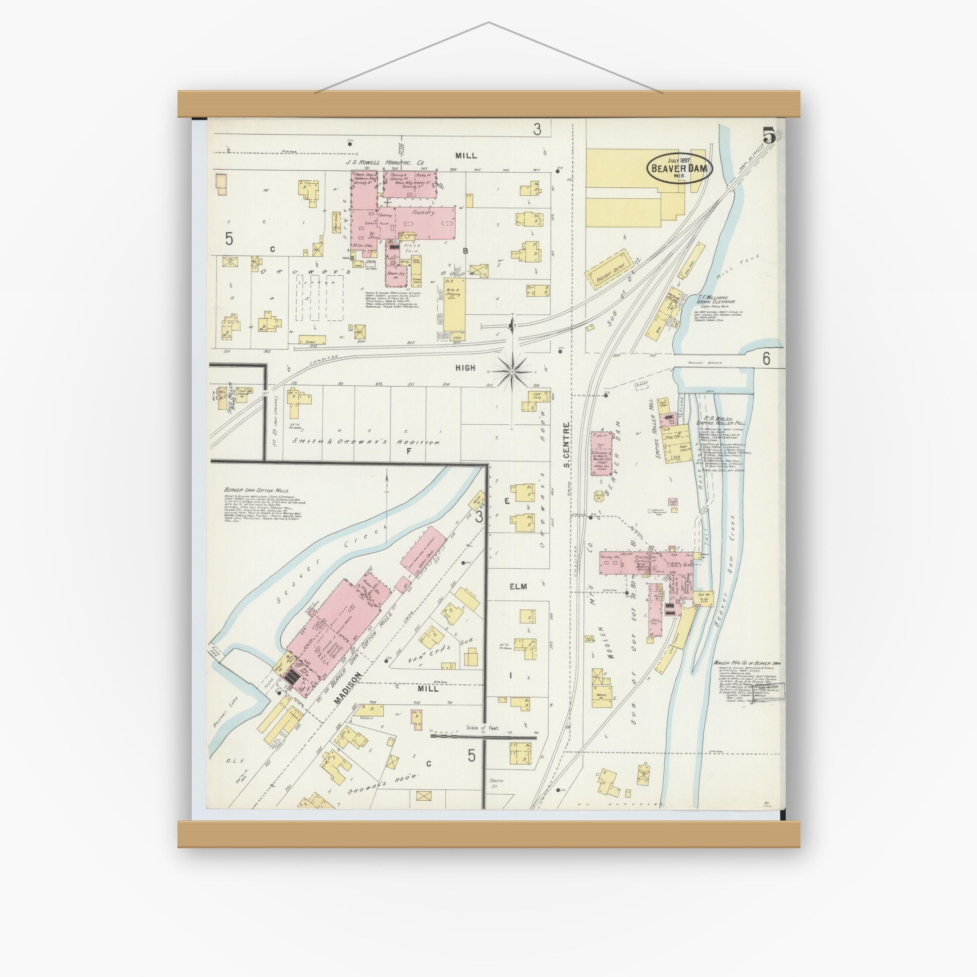 Old map wall art mockup — magnetic wood frame on white wall — Sanborn Fire Insurance Map from Beaver Dam, Dodge County, Wisconsin (1897), Sheet #0005