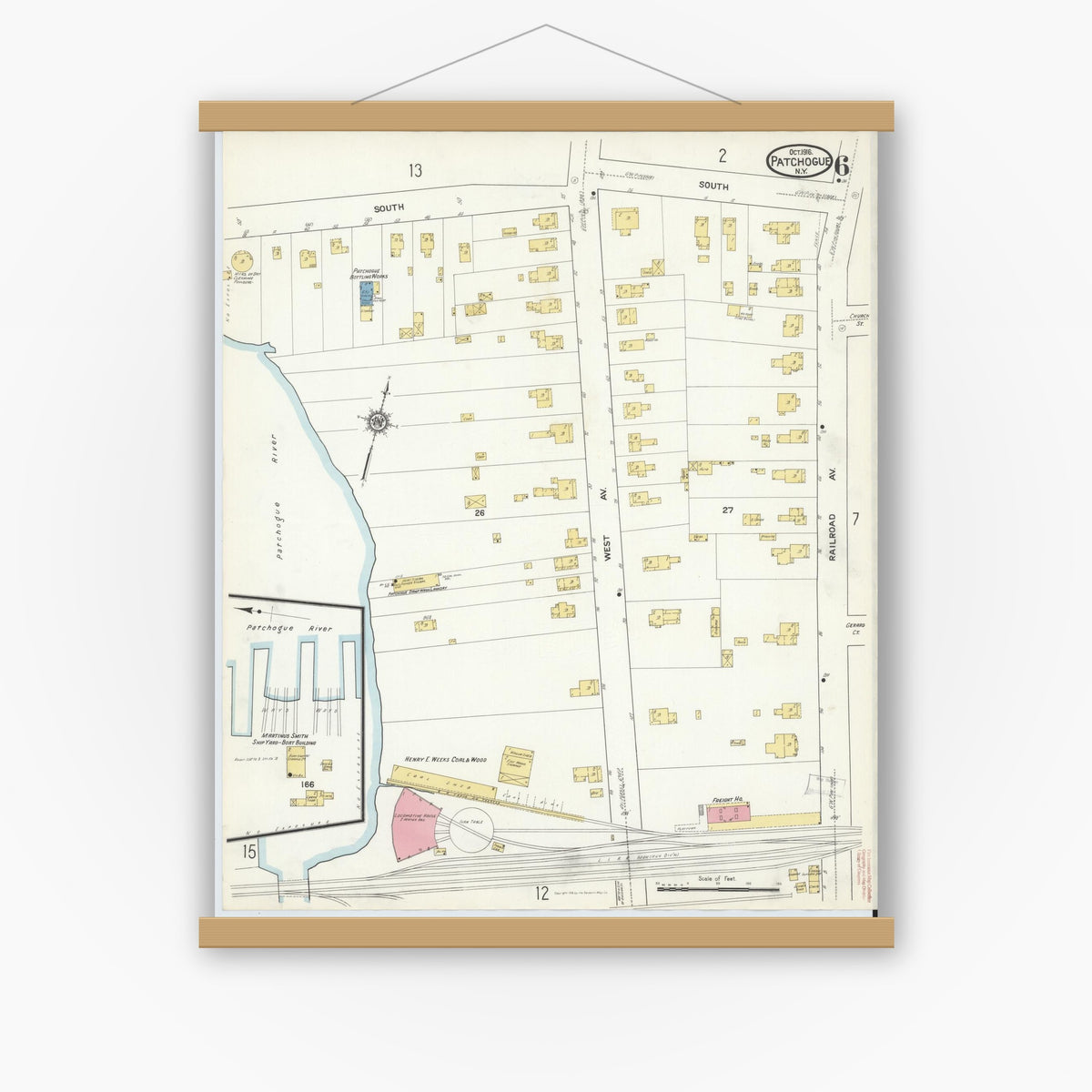 Old map wall art mockup — magnetic wood frame on white wall — Sanborn Fire Insurance Map from Patchogue, Suffolk County, New York (1916), Sheet #0006