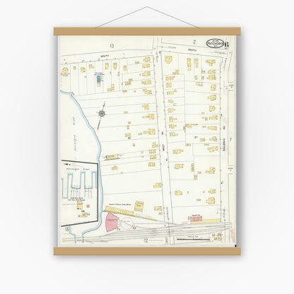 Old map wall art mockup — magnetic wood frame on white wall — Sanborn Fire Insurance Map from Patchogue, Suffolk County, New York (1916), Sheet #0006