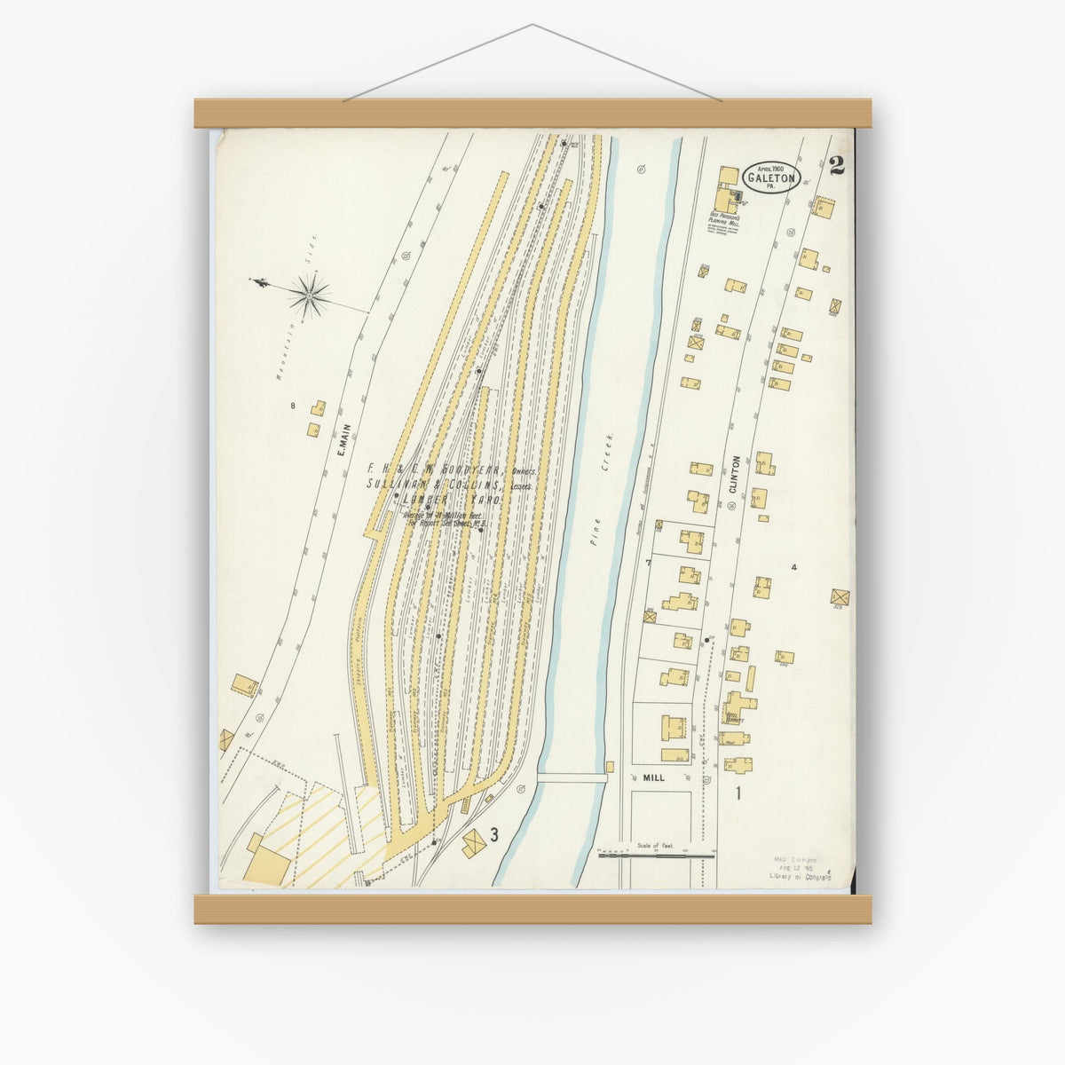 Old map wall art mockup — magnetic wood frame on white wall — Sanborn Fire Insurance Map from Galeton, Potter County, Pennsylvania (1900), Sheet #0002