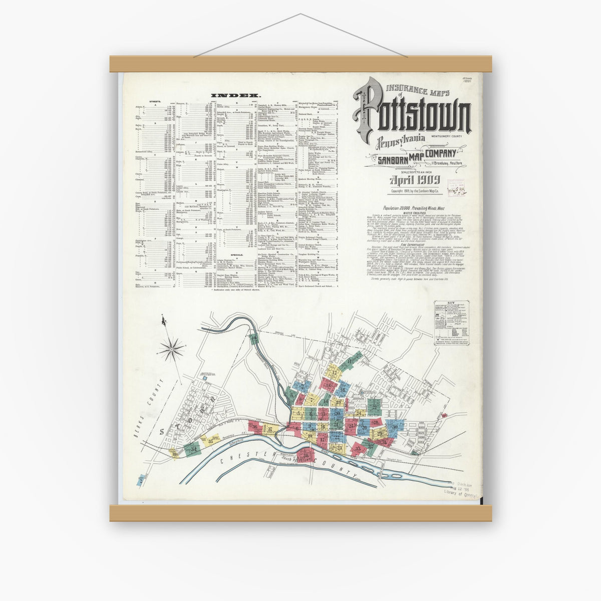 Old map wall art mockup — magnetic wood frame on white wall — Sanborn Fire Insurance Map from Pottstown, Montgomery County, Pennsylvania (1909), Sheet #0001