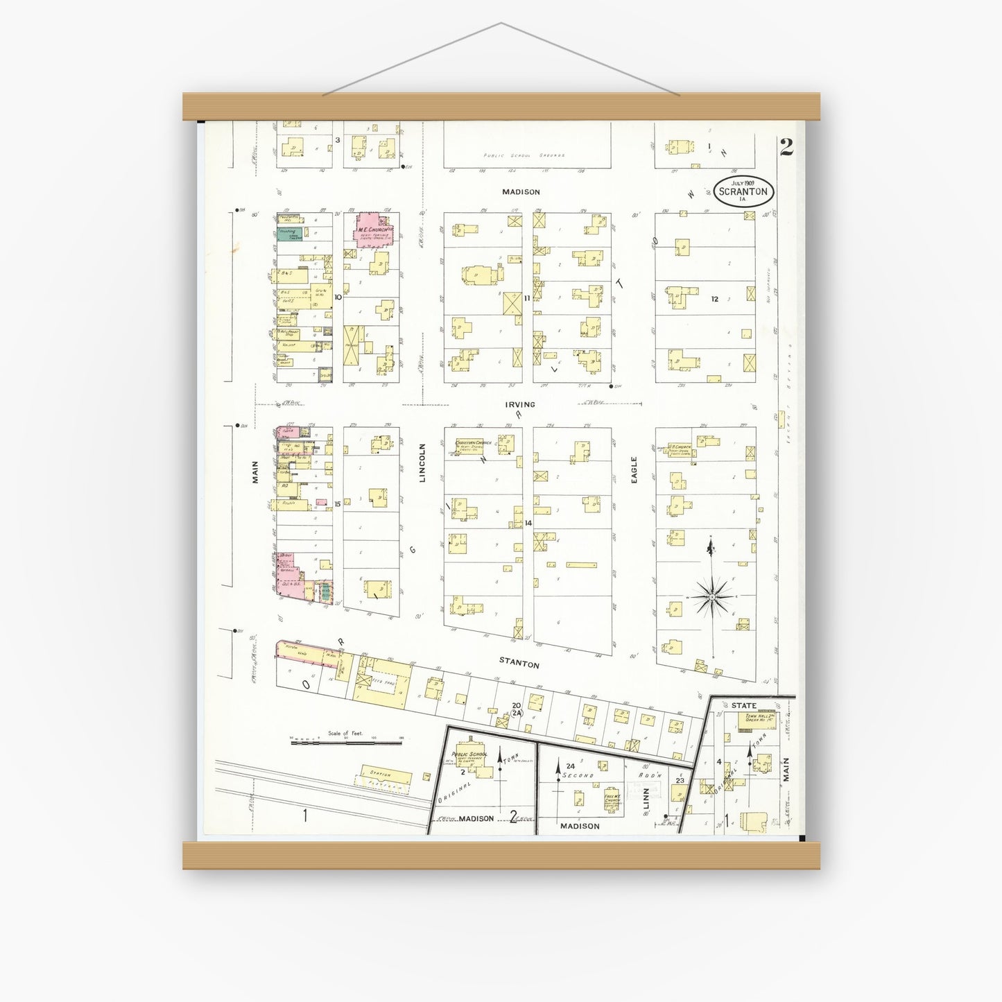 Old map wall art mockup — magnetic wood frame on white wall — Sanborn Fire Insurance Map from Scranton, Greene County, Iowa (1909), Sheet #0002