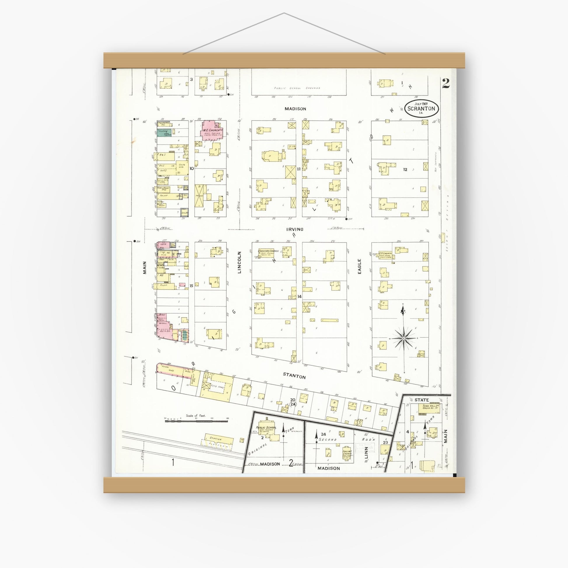 Old map wall art mockup — magnetic wood frame on white wall — Sanborn Fire Insurance Map from Scranton, Greene County, Iowa (1909), Sheet #0002