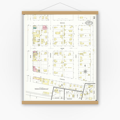 Old map wall art mockup — magnetic wood frame on white wall — Sanborn Fire Insurance Map from Scranton, Greene County, Iowa (1909), Sheet #0002