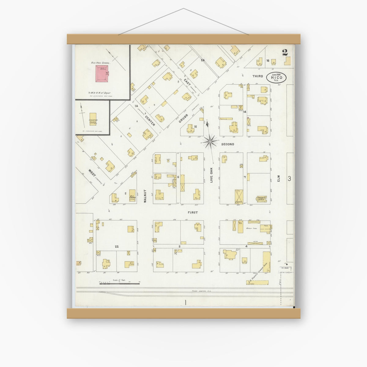 Old map wall art mockup — magnetic wood frame on white wall — Sanborn Fire Insurance Map from Hico, Hamilton County, Texas (1898), Sheet #0002